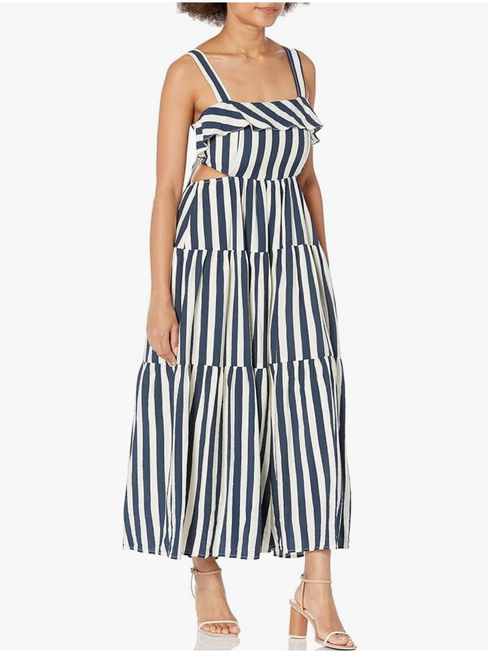 Moon River Navy & White Striped Tiered Cut-Out Midi Dress